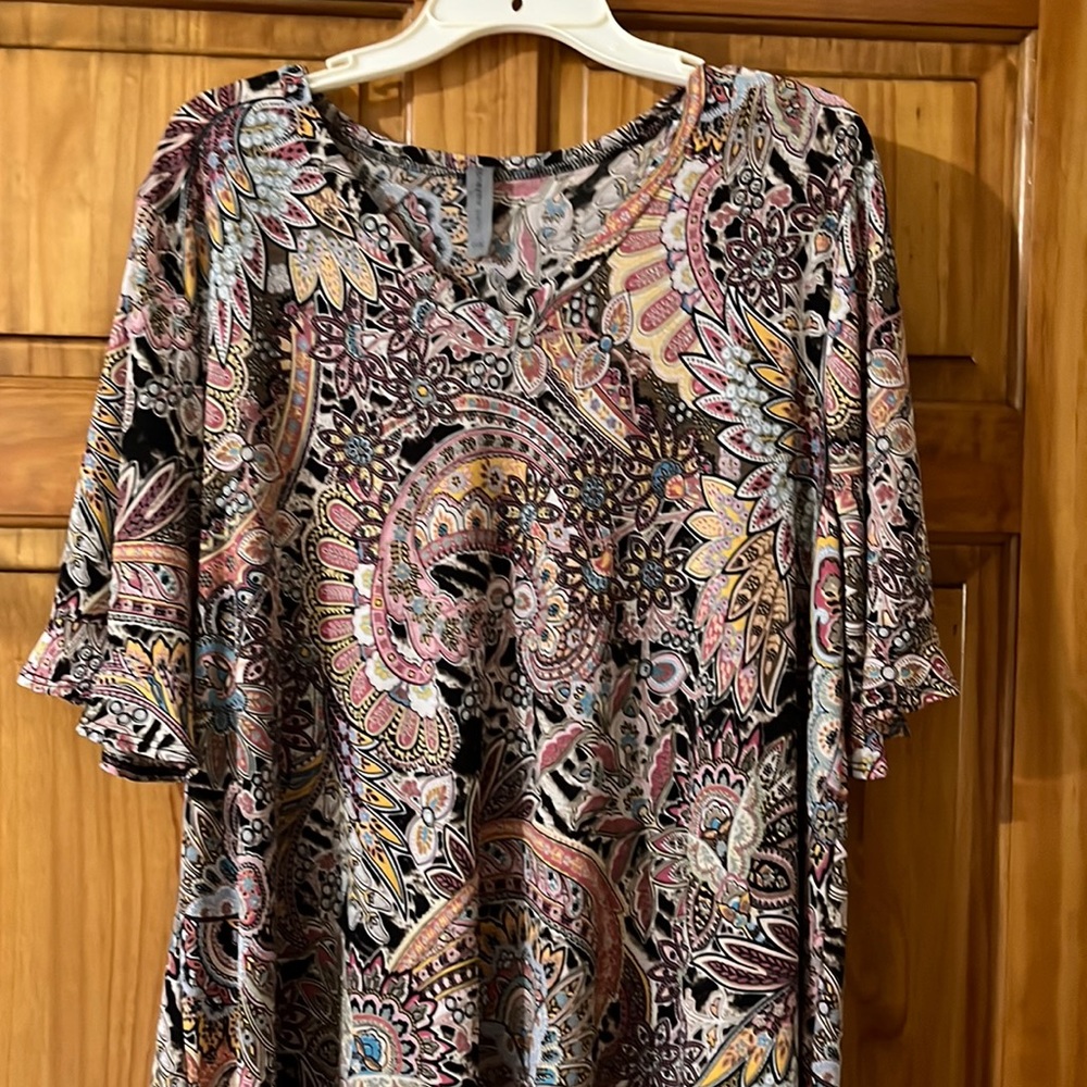 Lightweight Blouse, paisley with black, maize yellow, pink, blue & white